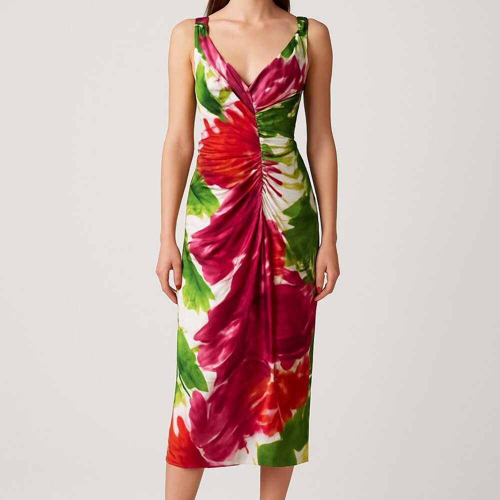 Pink and Green Sleeveless V-Neck Floral Ruche Sundress